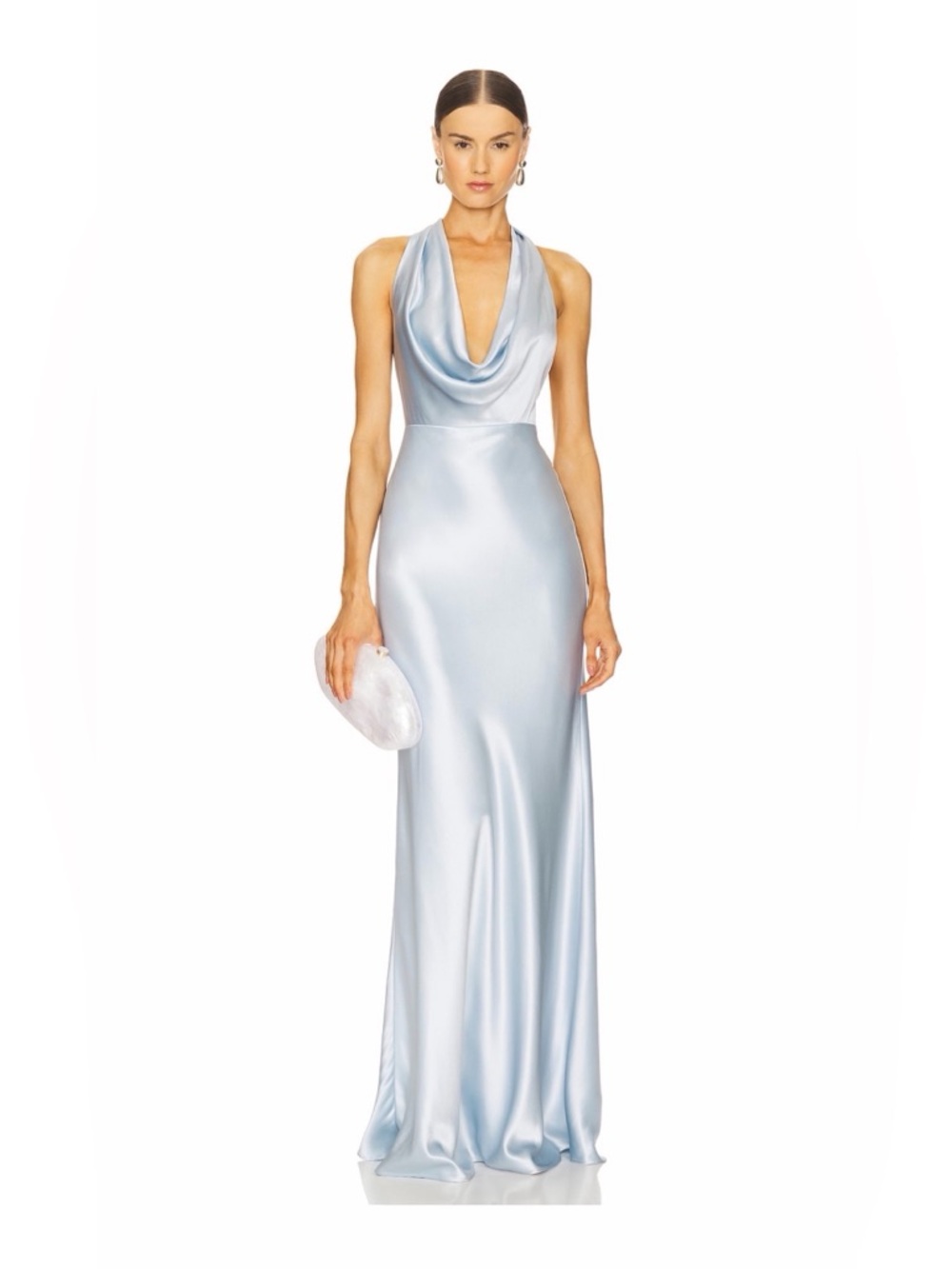 Satin Cowl Neck Halter Gown in Light Blue